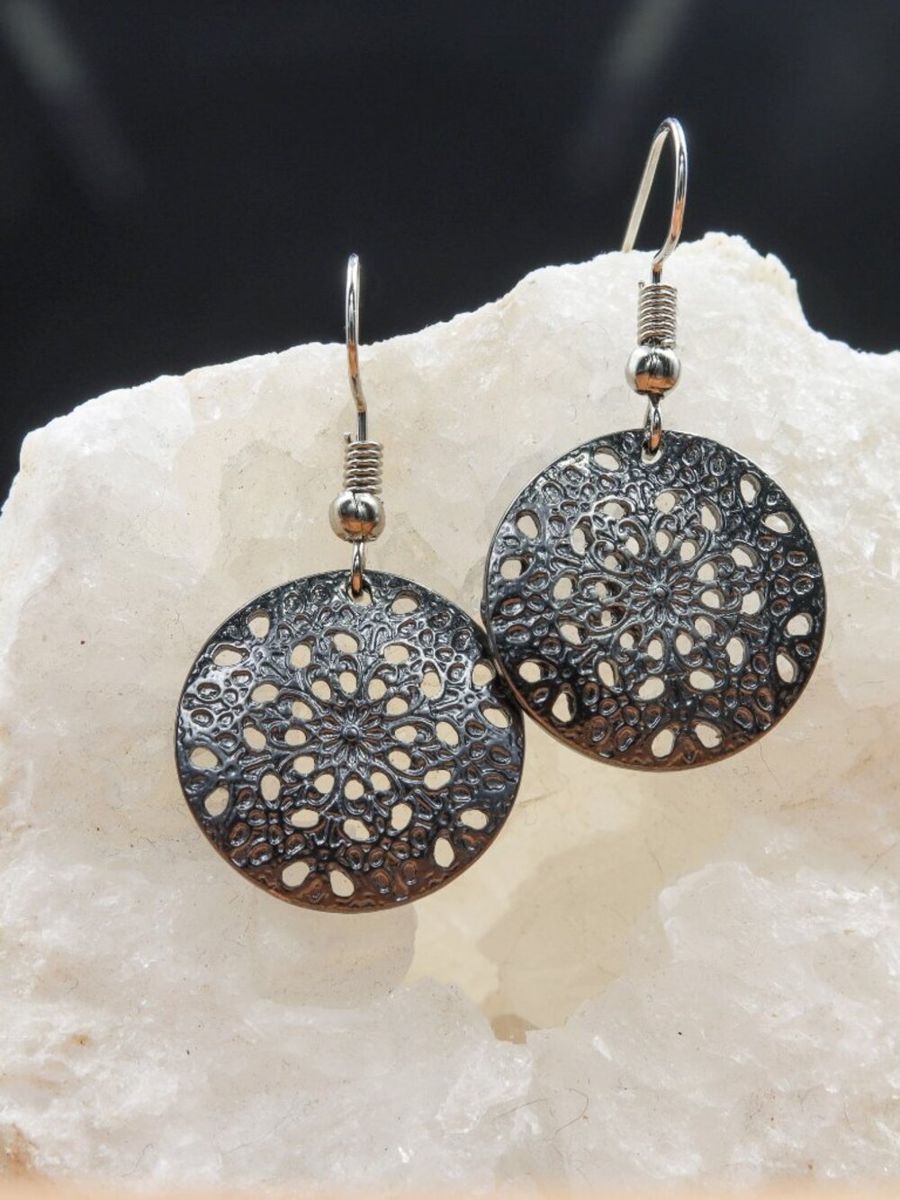 Gunmetal Flower Cutout Drop Earrings - Picture 6 of 6